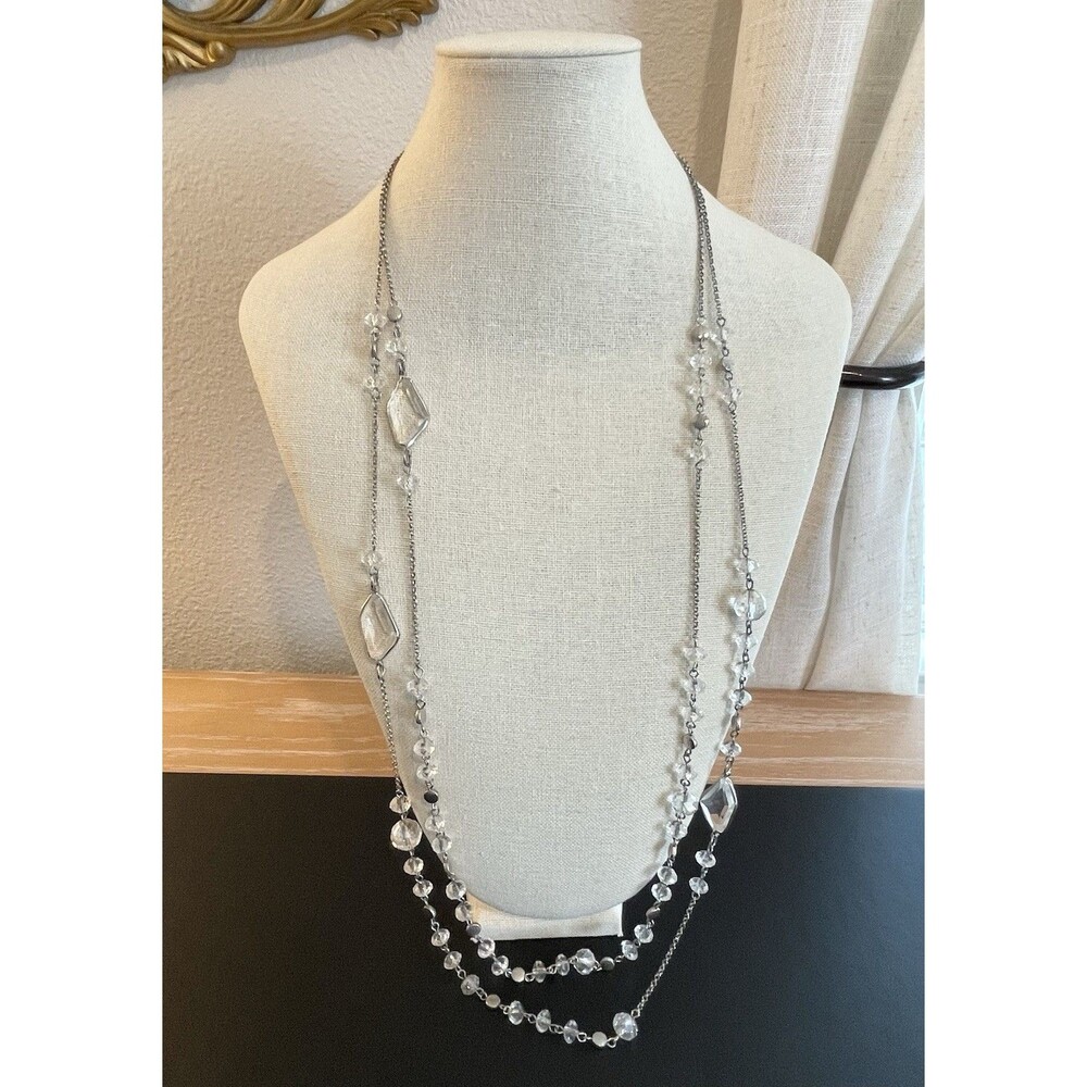 Opera Length Silver Tone Glass Bead Layered Necklace